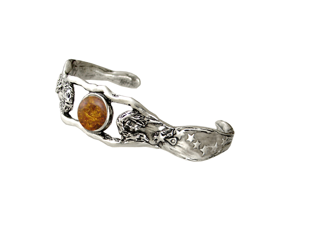 Sterling Silver Fairy Woman Maidens Handmade Cuff Bracelet With Amber